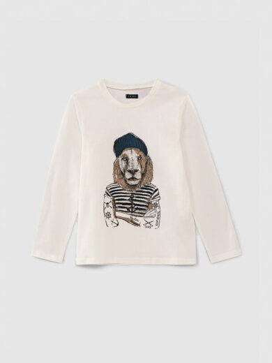 Tee-shirt blanc cassé dessin lion en marinière - IKKS