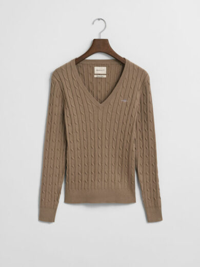 Pull col V en maille de coton stretch à torsades - GANT