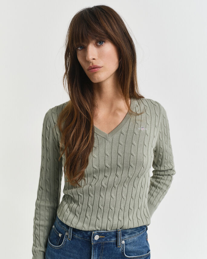 Pull col V en maille de coton stretch à torsades - GANT