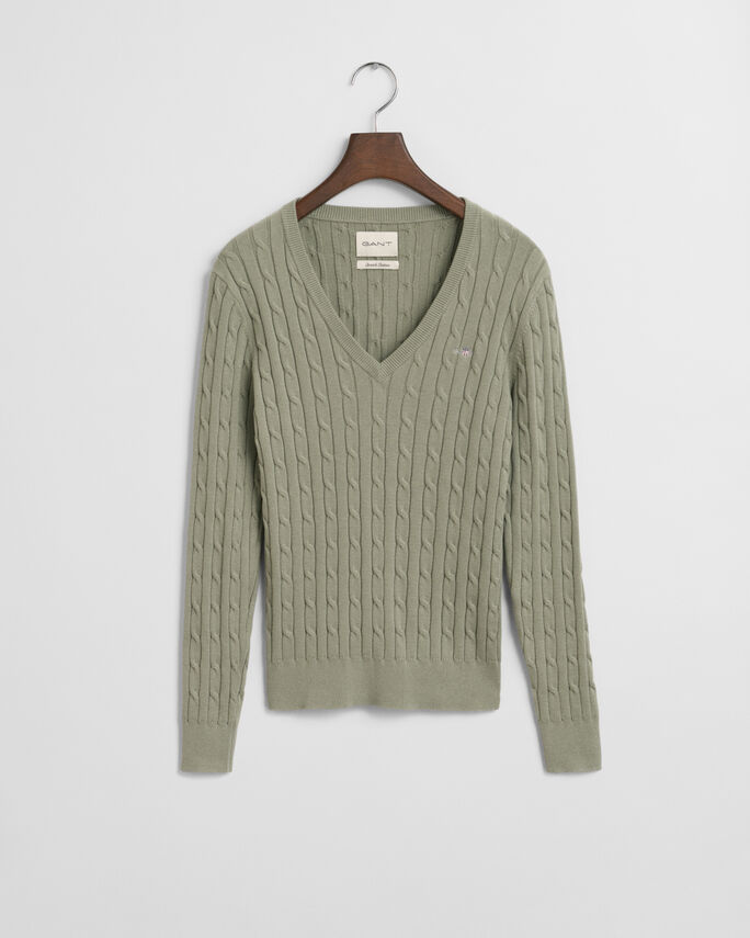 Pull col V en maille de coton stretch à torsades - GANT