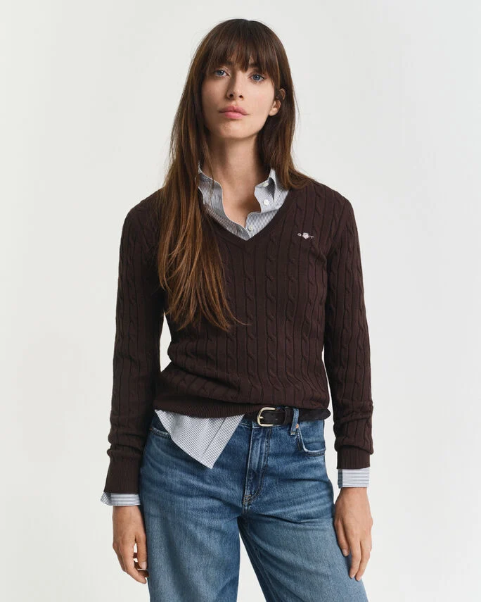Pull col V en maille de coton stretch à torsades - GANT
