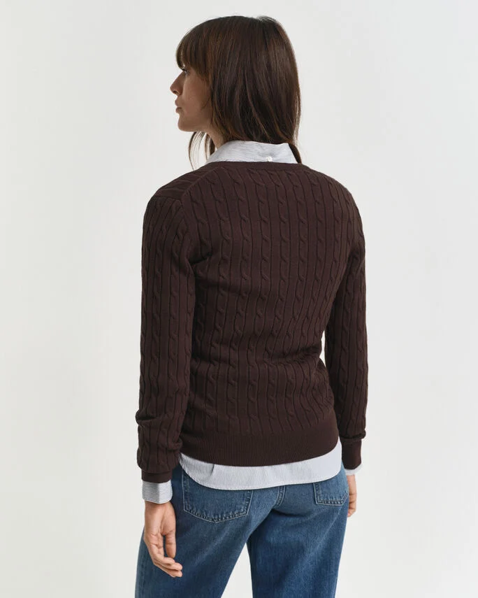 Pull col V en maille de coton stretch à torsades - GANT