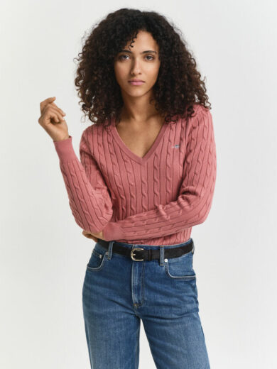Pull col V en maille de coton stretch à torsades - GANT