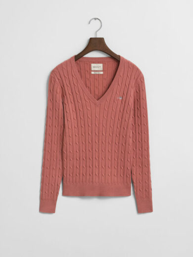 Pull col V en maille de coton stretch à torsades - GANT