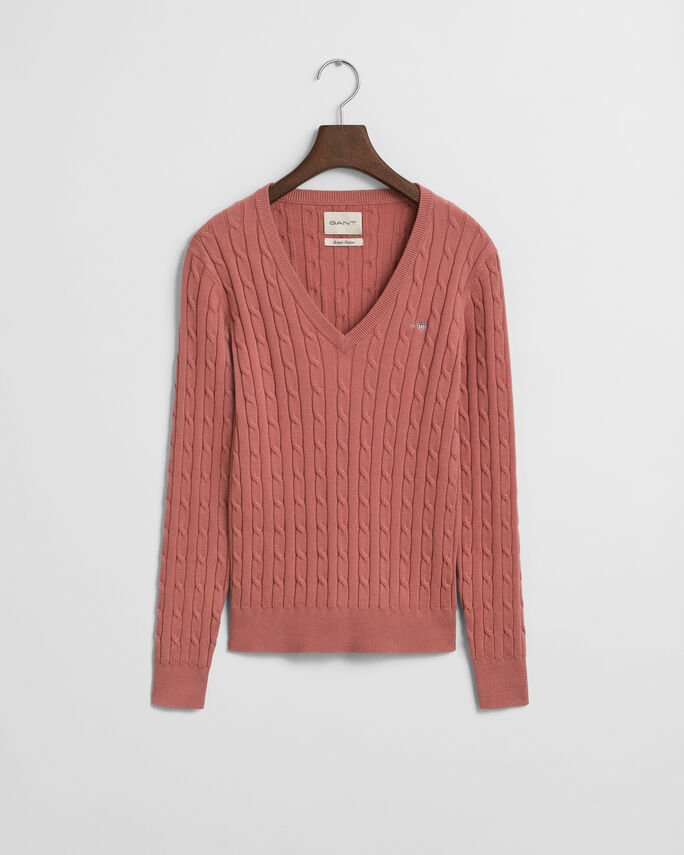 Pull col V en maille de coton stretch à torsades - GANT