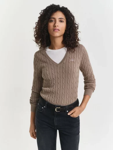 Pull col V en maille de coton stretch à torsades - GANT
