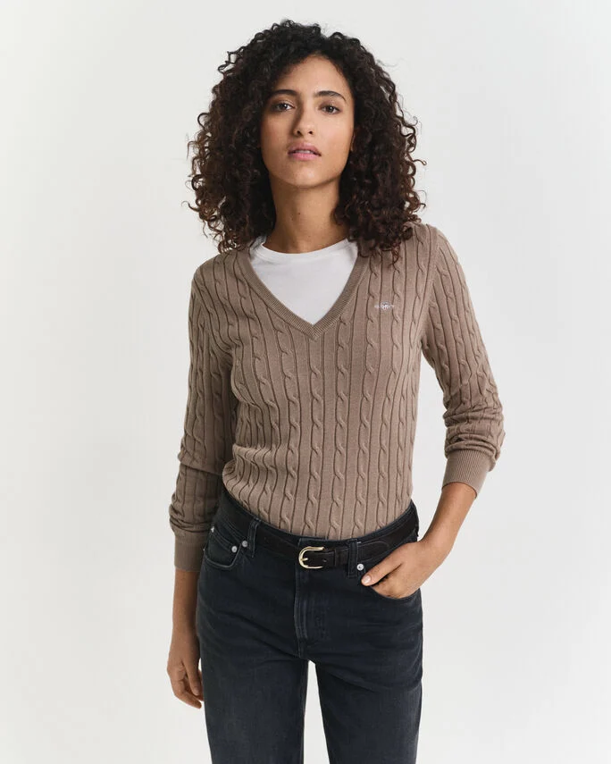 Pull col V en maille de coton stretch à torsades - GANT
